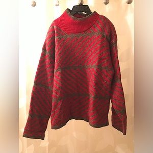 Geraldine Peterson sweater, vintage red/grey  stripe, unique collar. M.